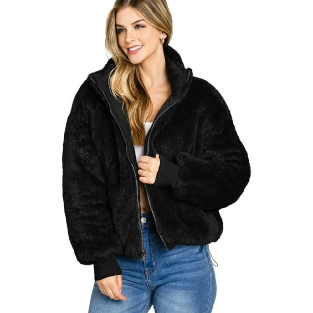 Black Faux Fur Bomber Jacket Women S Black Hooded Zip Up Cozy Glam Minimalist